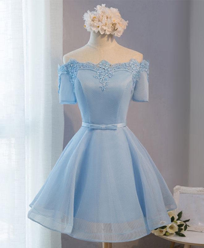 Blue A-line Tulle Short Sleeve Lace Short Prom Dress,formal Dress