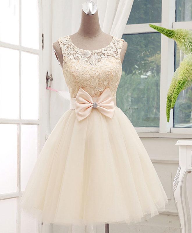 Lovely Champagne Lace Tulle Short Prom Dress,homecoming Dress
