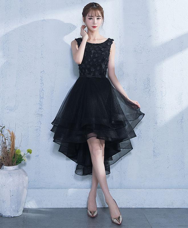Black A-line Tulle High Low Prom Dress,black Evening Dress