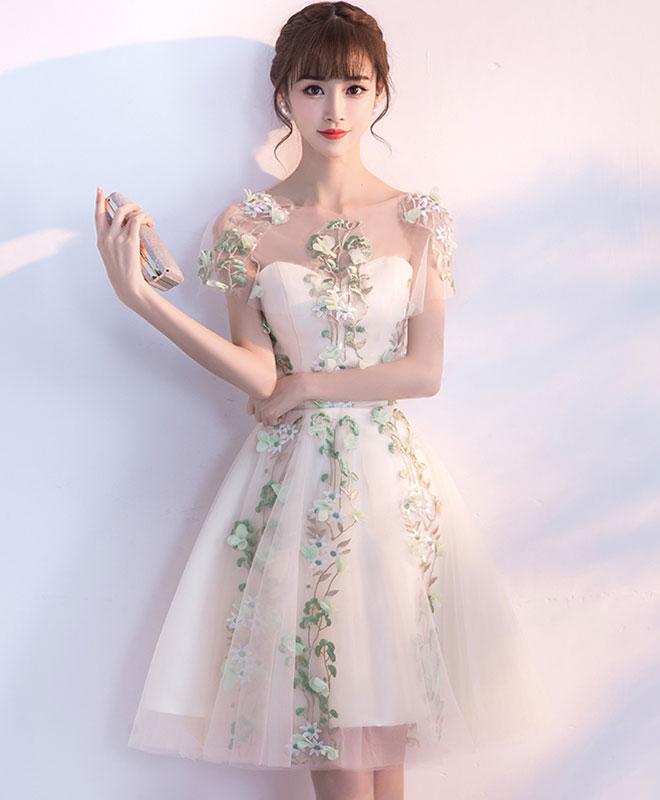 Unique Champagne Applique Cheap Homecoming Dresses Online, Cheap Short Prom Dresses, CM774 main image 1