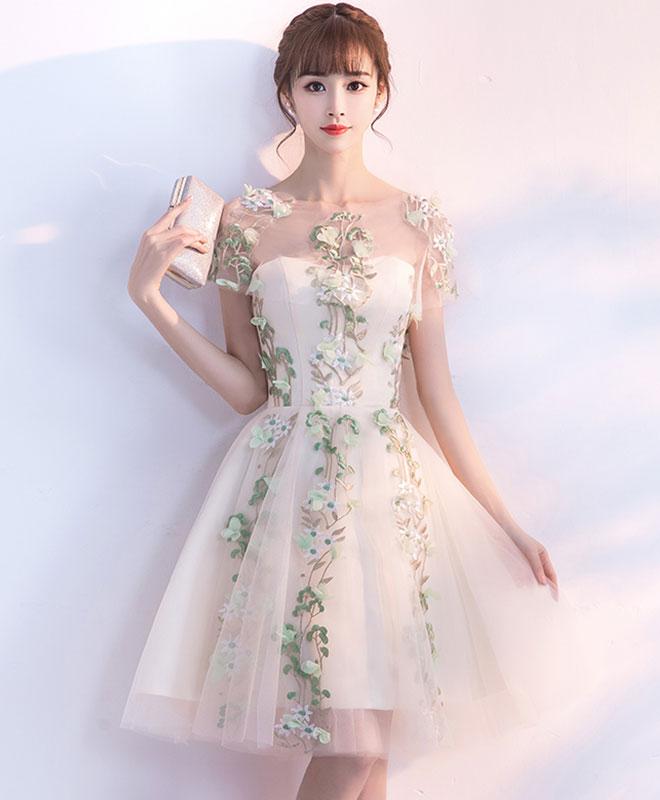 embroidered-lace-applique short homecoming dress Short Lace Homecoming Dress with Fit-and-Flare Skirt Champagne / 4