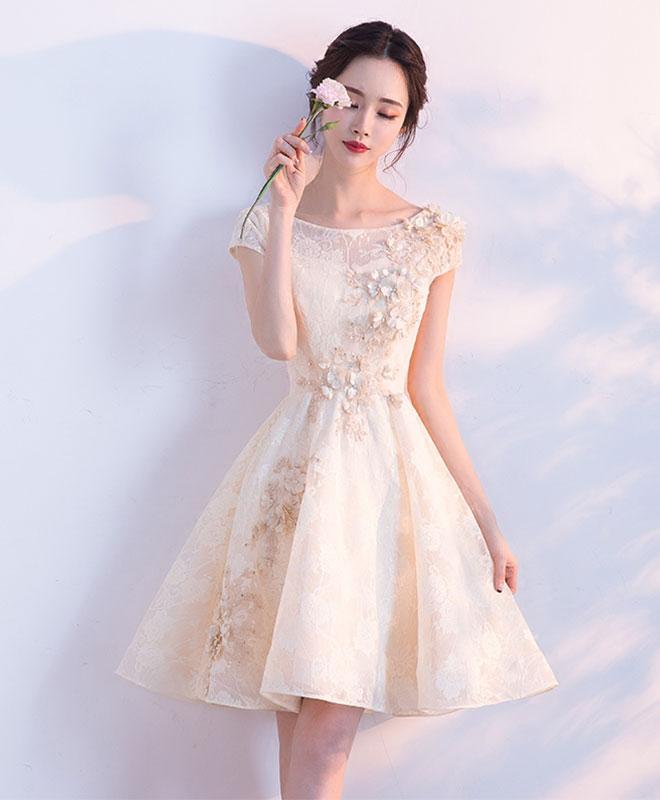 Champagne A-line Tulle Lace Short Prom Dress,champagne Evening Dress