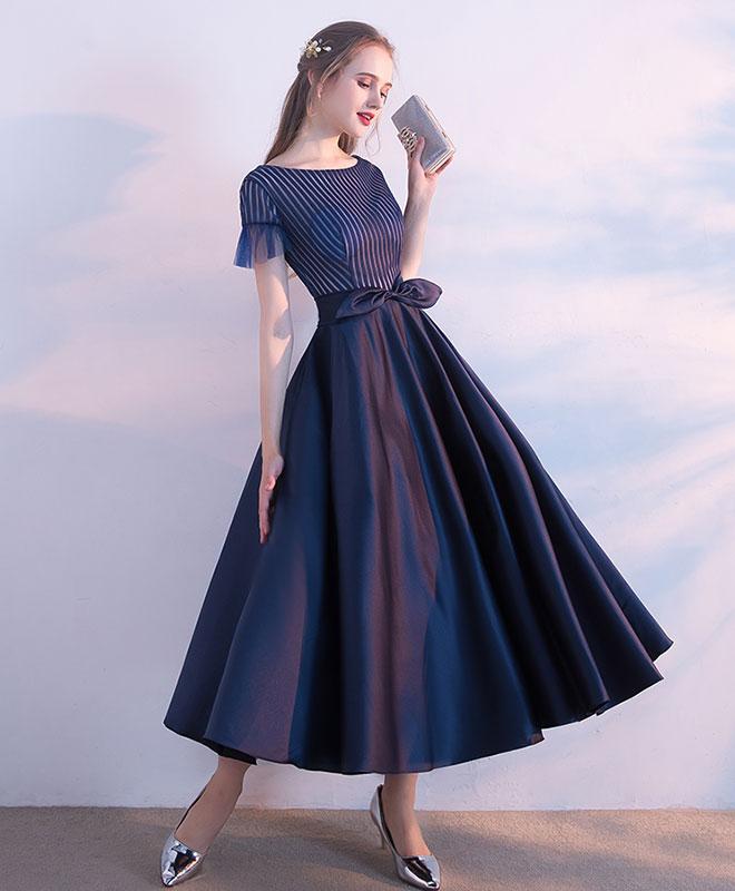Unique Dark Blue Tea Length Prom Dress,homecoming Dress