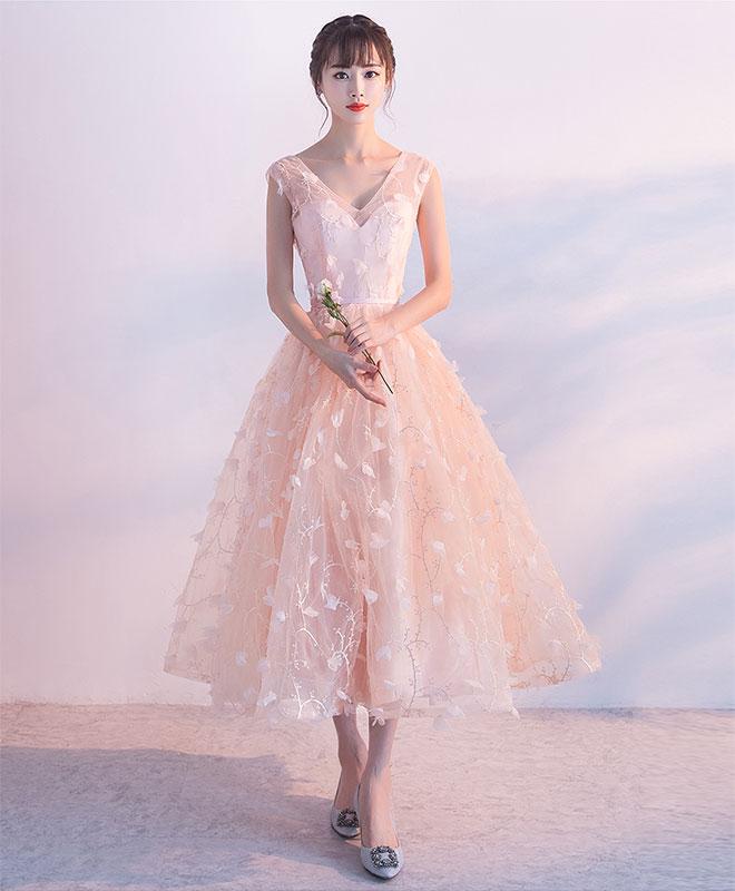 Pink A Line V Neck Tulle Tea Length Prom Dress, Evening Dress