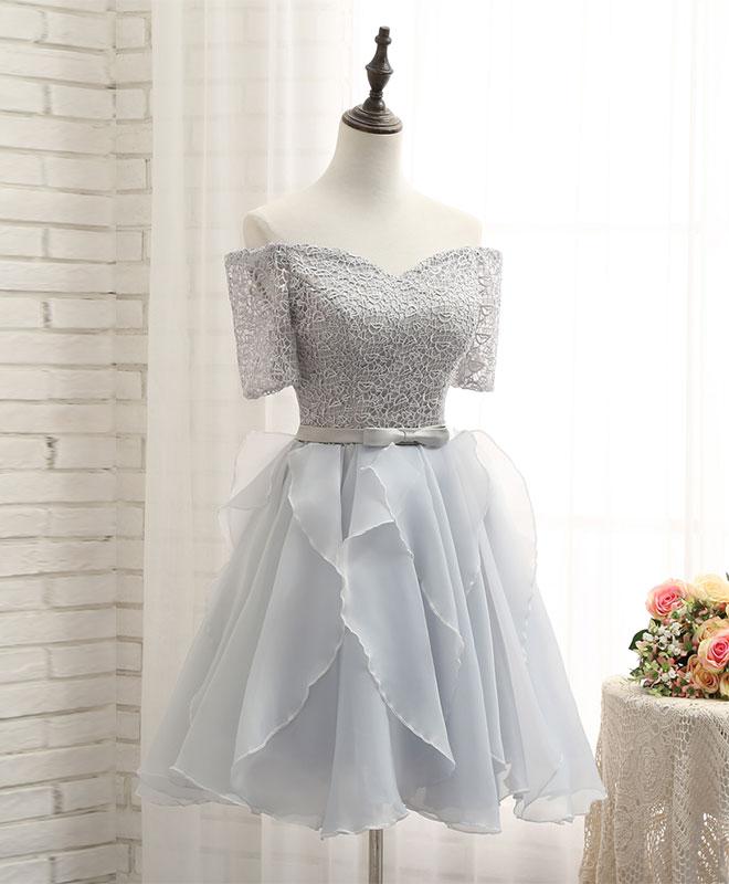 Cute Gray Lace Sleeve Short Prom Dress,homecoming Dresses