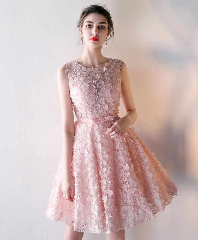 Pink 3d Lace Short Prom Dress,pink Bridesmaid Dress