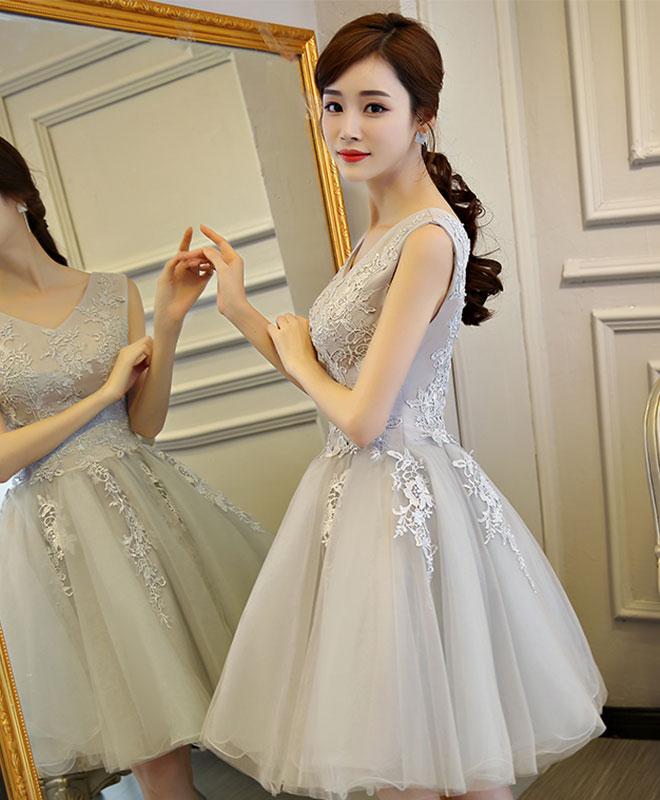 Gray V Neck Lace Tulle Short Prom Dress,homecoming Dress