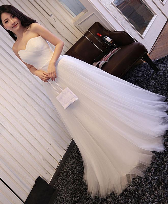 White sweetheart neck tulle long prom dress,wedding dress