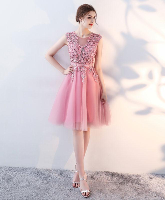 Pink Lace Applique Short A Line Prom Dress,pink Evening Dress