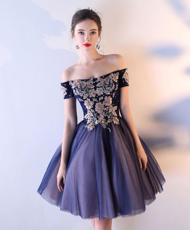 Cute Dark Blue Tulle Short Prom Dress,homecoming Dress