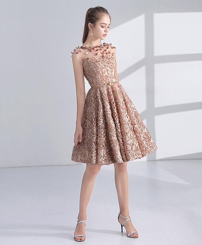 Grey organza unique sleeveless lace homecoming prom dresses, SF0077