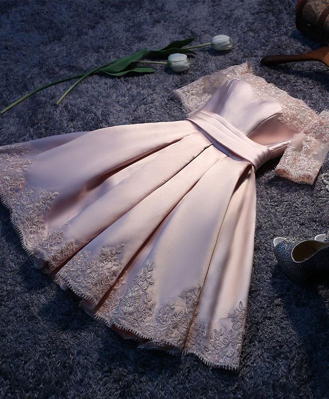 pink and white short prom dress Cute Pink A-line Long Sleeves Short Prom Dress, Homecoming Dresses on Line,  MH184