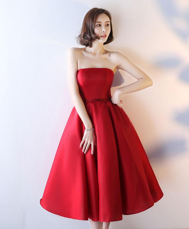 Simple Red Strapless Tea Length Prom Dress,red Evening Dress