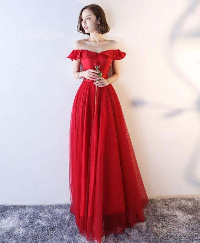 Red Off Shoulder Tulle Long A Line Prom Dress,red Evening Dress