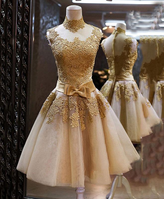 Gold Lace High Neck Short Prom Dress,homecoming Dress