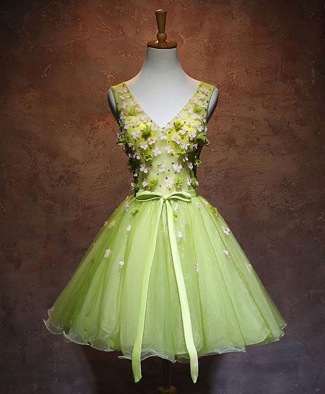 Green V Neck Tulle Short Prom Dress,green Homecoming Dress