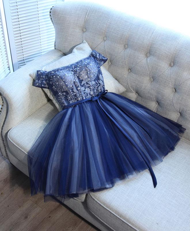 Blue Lace Off Shoulder Short Prom Dress,blue Evening Dress