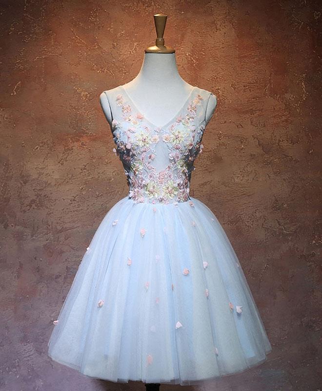 Blue V Neck Tulle Short Prom Dress,homecoming Dress