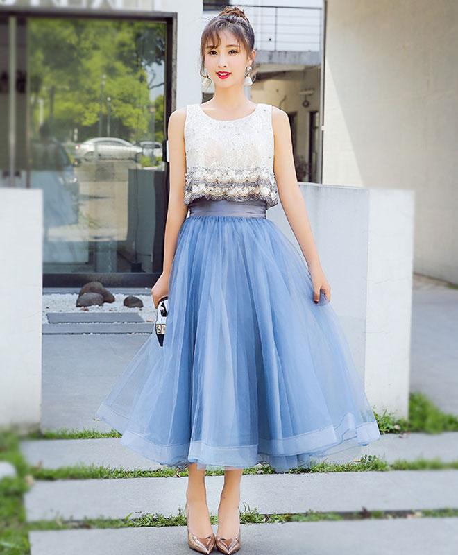 Blue Lace Tulle Tea Length Prom Dress,homecoming Dress