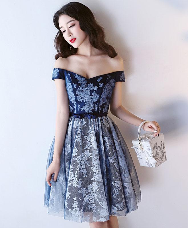 Dark Blue Lace Short Prom Dress,homecoming Dress