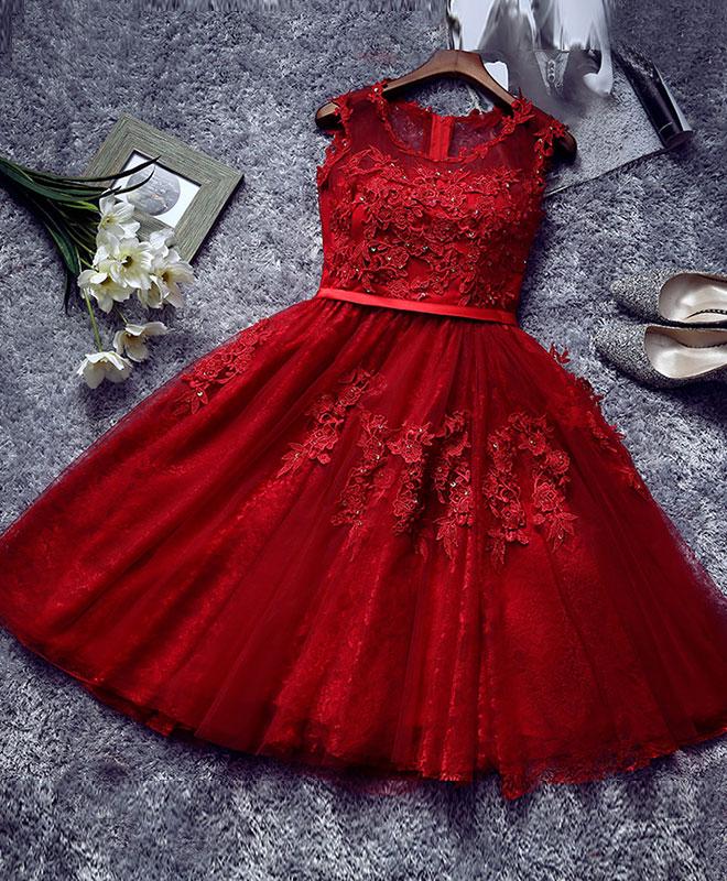 Burgundy Lace Tulle Short Prom Dress,lace Evening Dress