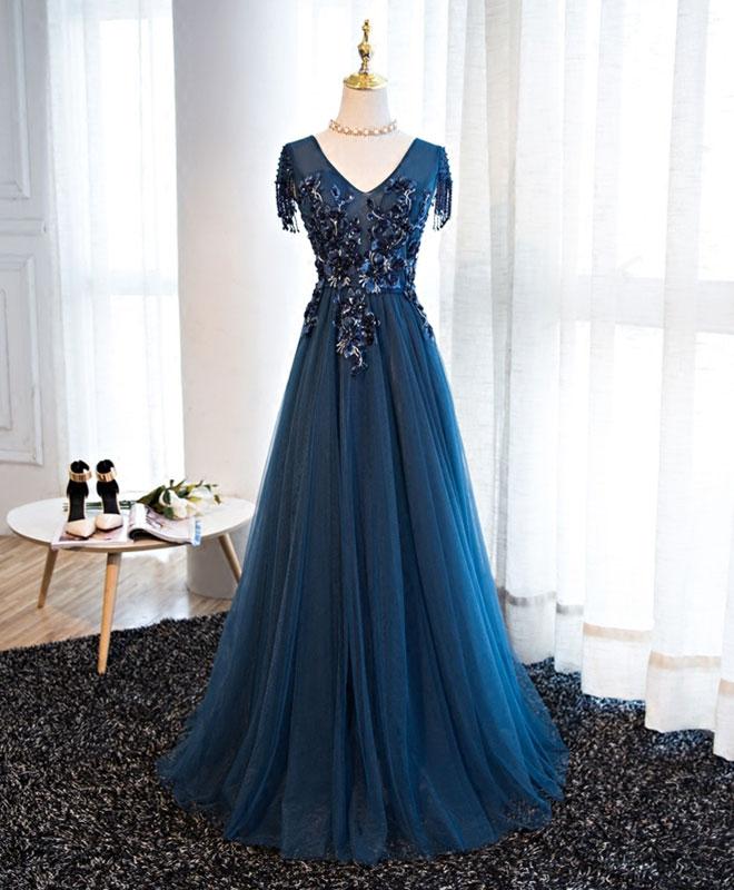 Dark Blue Tulle Beaded Long A Line Prom Dress,formal Dress