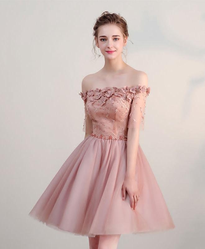 Pink Lace Off Shoulder Short Prom Dress,pink Homecoming Dress