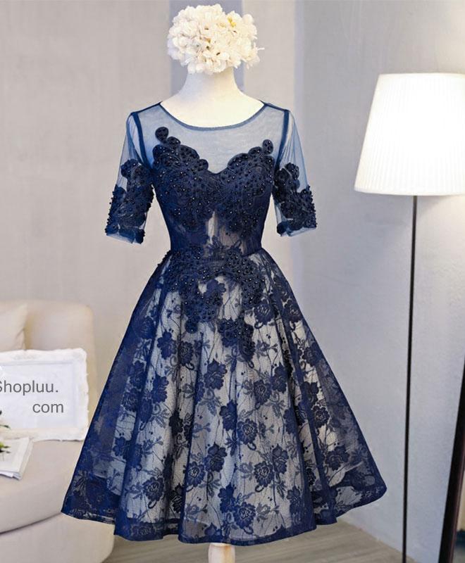 Cute Dark Blue Lace Short Prom Dress,blue Homecoming Dress
