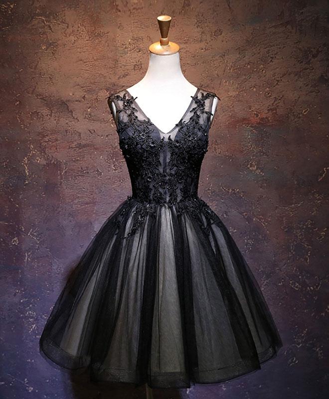 Black V Neck Lace Short Prom Dress,black Party Dress