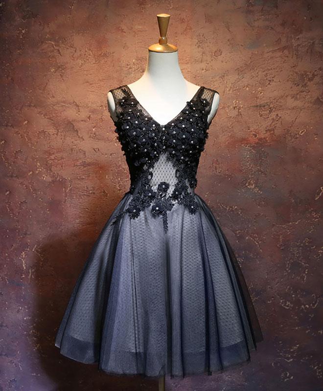 Black V Neck Lace Short Prom Dress,black Evening Dress