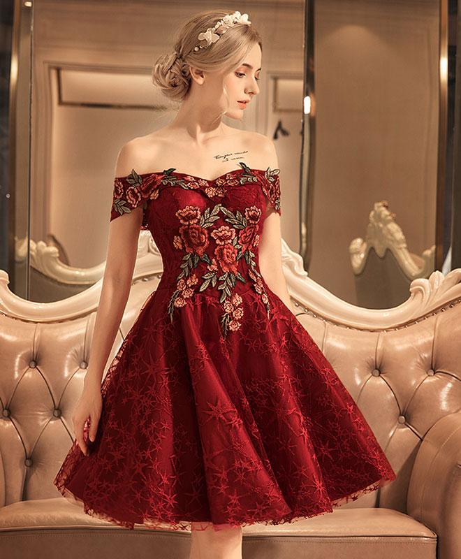 Burgundy Lace Off Shoulder Short Prom Dress lace Evening Dress on