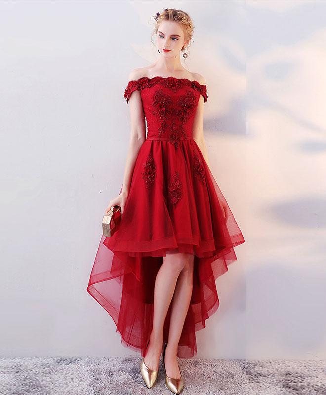 Burgundy High Low Tulle Lace Long Prom Dress,lace Evening Dress