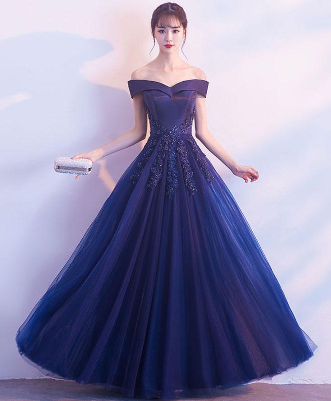 Dark Blue Off Shoulder Long Prom Dress,blue Evening Dresses,gala Dress