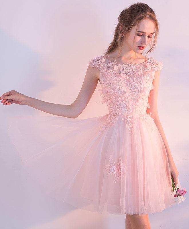 Pink Lace Tulle Short Prom Dress,lace Evening Dress