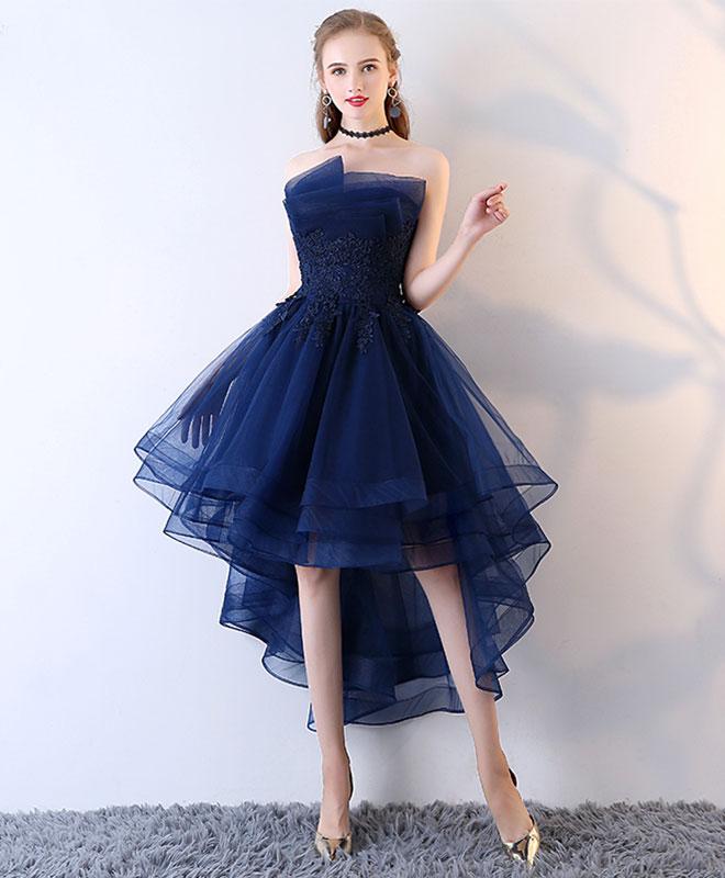 Dark Blue Tulle Short Prom Dress,high Low Evening Dress