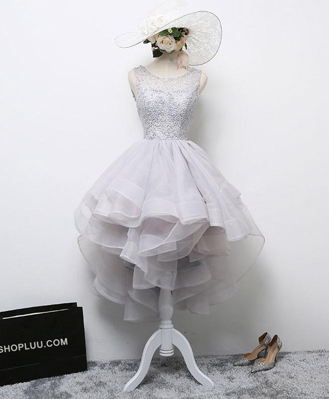 Gray Round Neck Tulle Lace Short Prom Dress,formal Dress