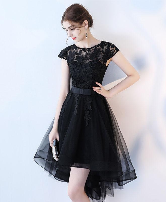 Flowy Black Lace Frocks Black Lace Short Prom Dress,hight Low - Main Image