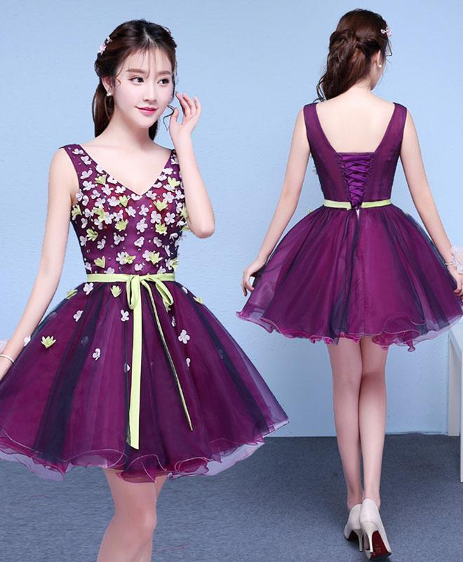 Purple V Neck Tulle Short Prom Dress,homecoming Dress