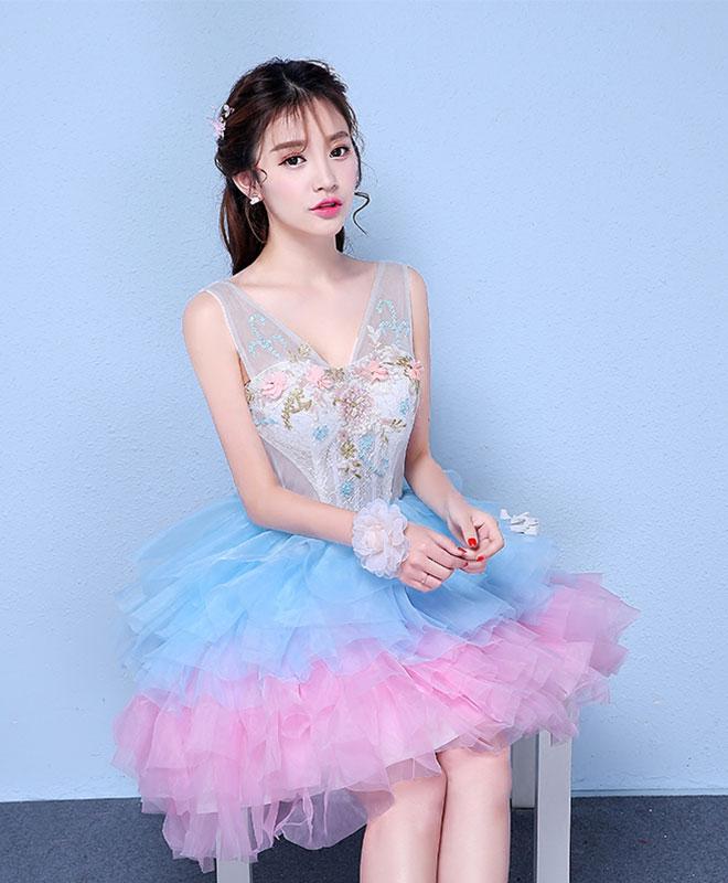 Cute V Neck Blue And Pink Short Prom Dress,sweet 16 Dress