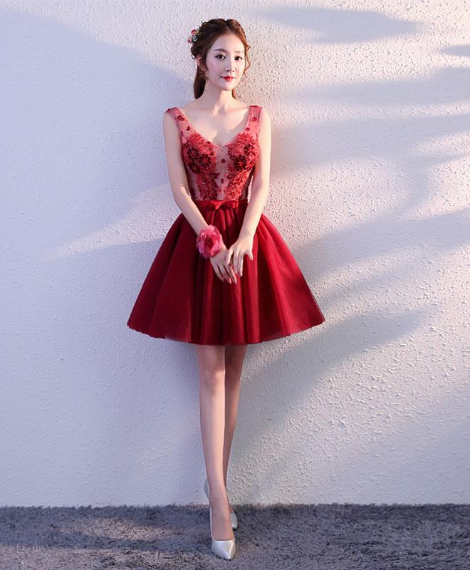 Burgundy V Neck Tulle Short Prom Dress,homecoming Dress