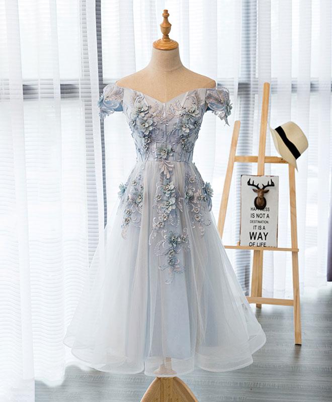 Gray Lace Off Shoulder Short Prom Dress homecoming Dress on Luulla