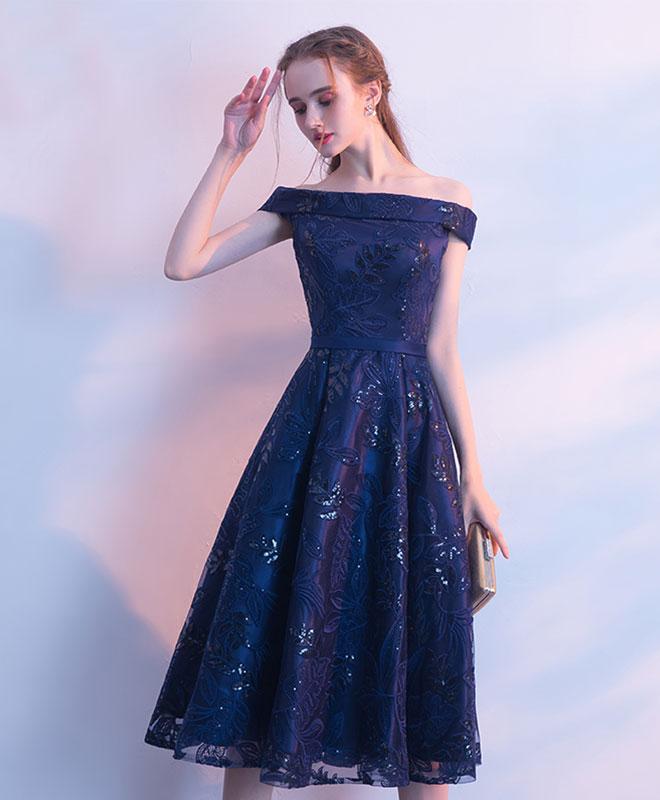 Dark Blue Lace Sequins Short Prom Dress,evening Dress