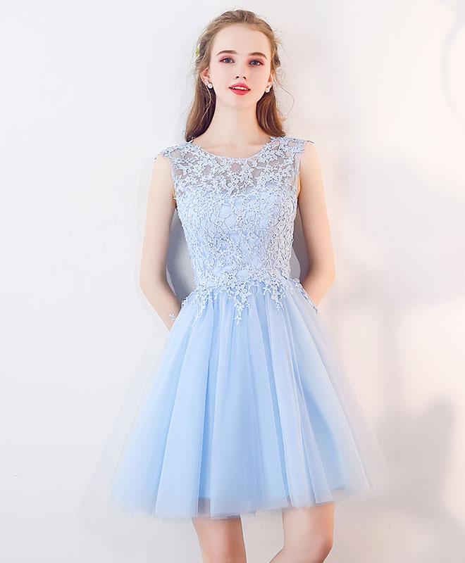 Cute Blue Tulle Lace Short Prom Dress ...