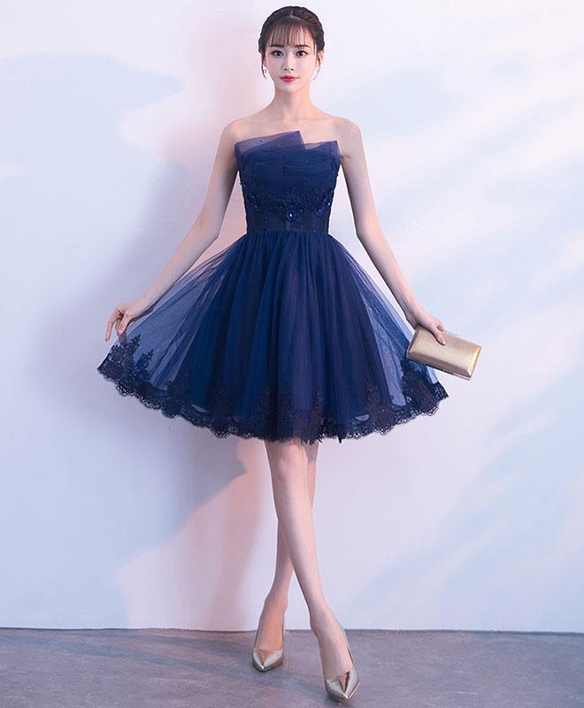 Cute Dark Blue Tulle Lace Short Prom Dress,homecoming Dress