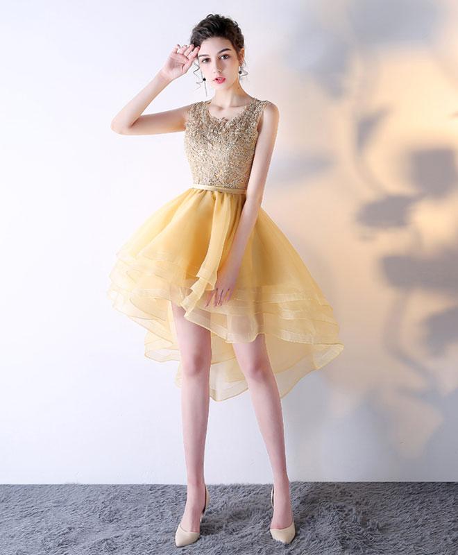 Gold Lace Tulle High Low Prom Dress,homecoming Dress