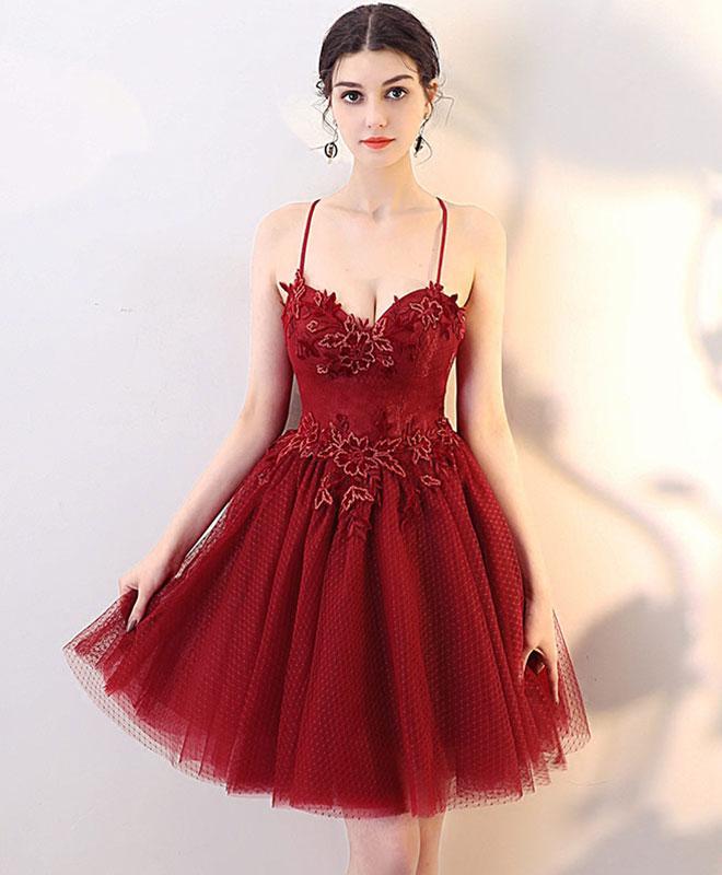 Burgundy Lace Tulle Short Prom Dress,homecoming Dress