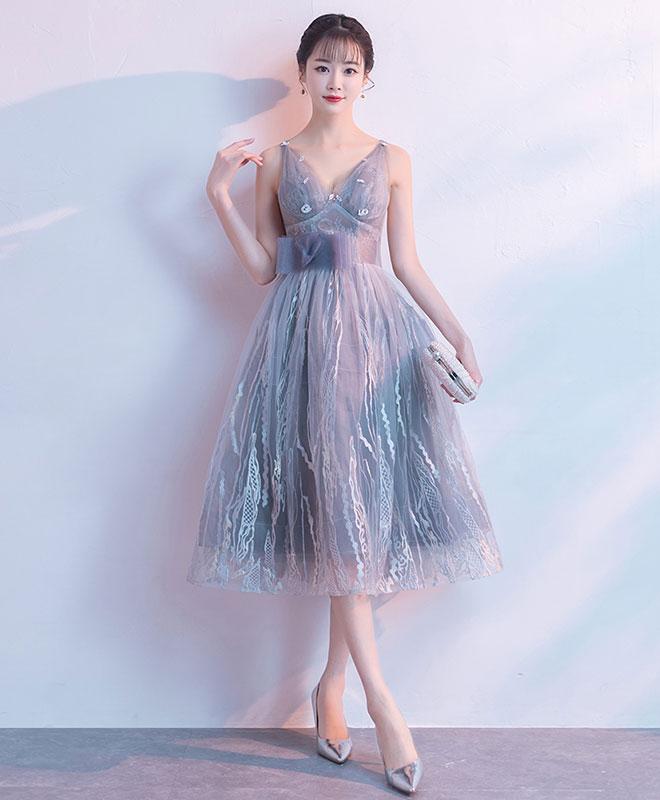 Gray V Neck Tulle Lace Short Prom Dress,gray Homecoming Dress