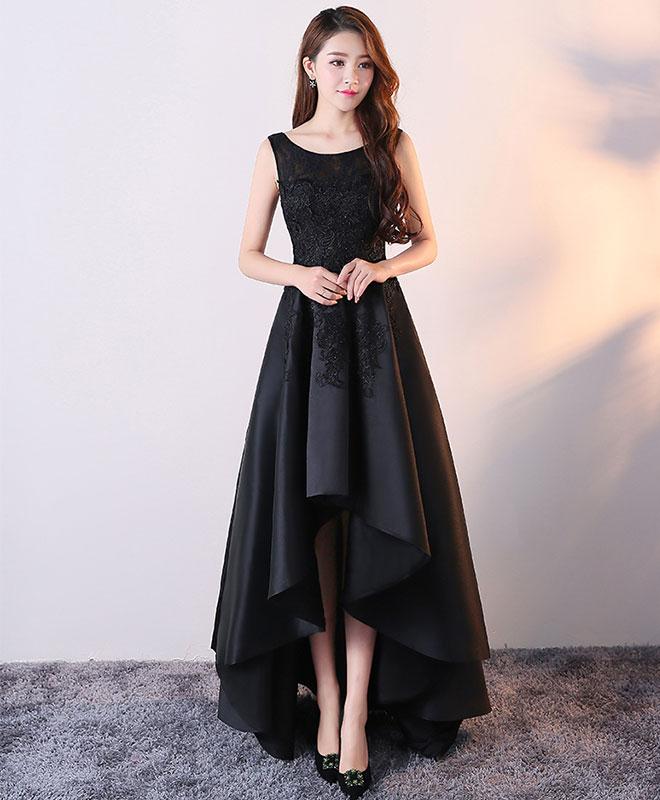 Black Round Neck Satin Lace High Low Prom Dress,black Homecoming Dress