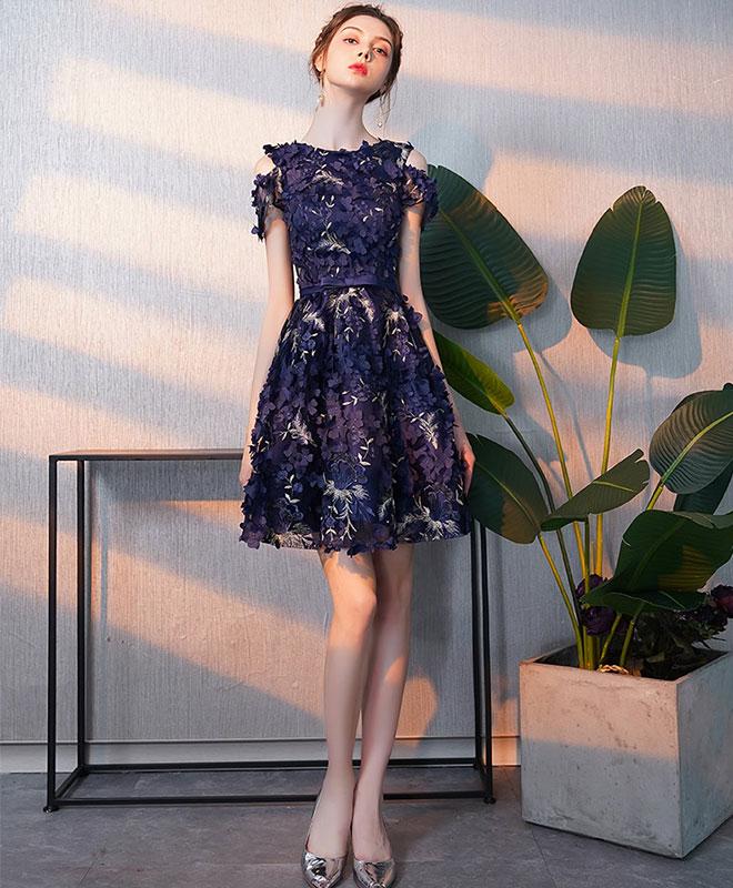 sachin and babi light blue dress Cute Dark Blue Lace Short Prom Dress,Blue Homecoming Dress