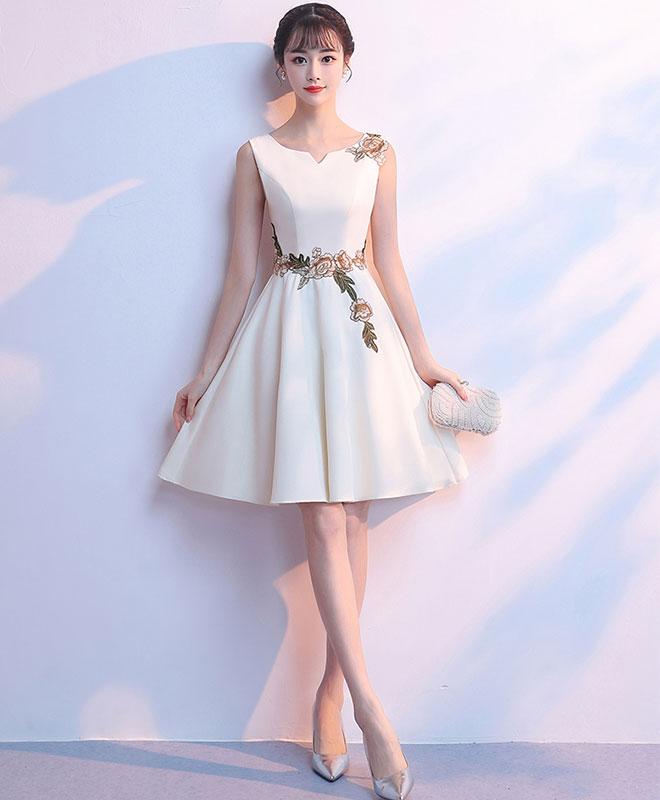 Simple Light Champagne Satin Applique Short Prom Dress,cute Homecoming Dress